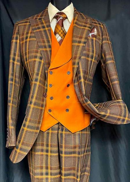 Mens Two Button Peak Lapel Suit Brown ~ Yellow-New Designer Collection
