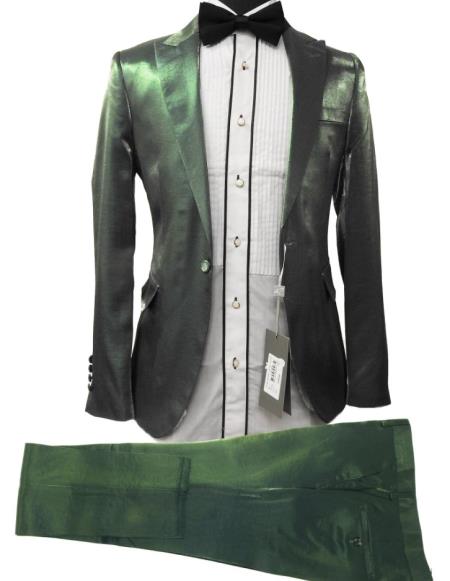 Rossiman Menβs Green Sateen Suit β Glossy Finish with Modern Flair