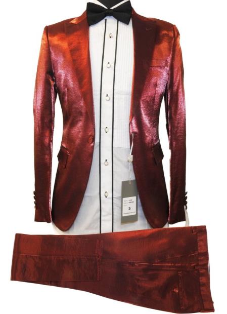 Rossiman Menβs Red Sateen Suit β Glossy Finish Bold Formalwear