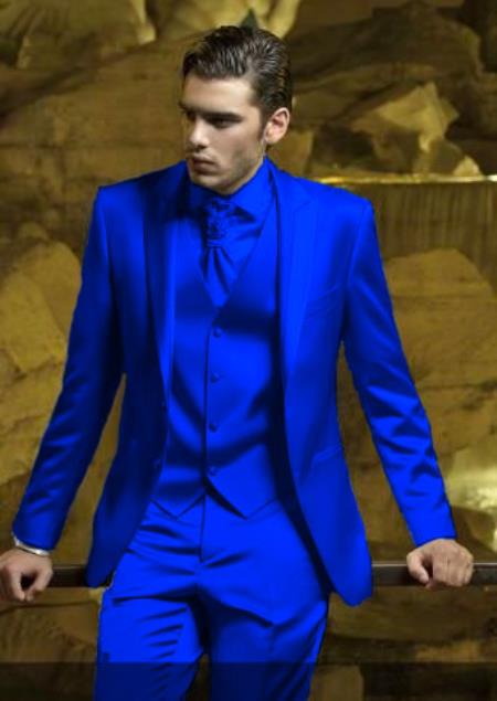 Mens Shiny Blazer - Royal Blue Sateen Vested Suit - Sateen Fabric