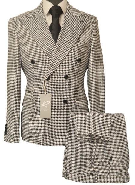 Houndstooth Double Breasted Suit - Wool Fabric Black and White Patterned Checkered Suit-New Designer Collection