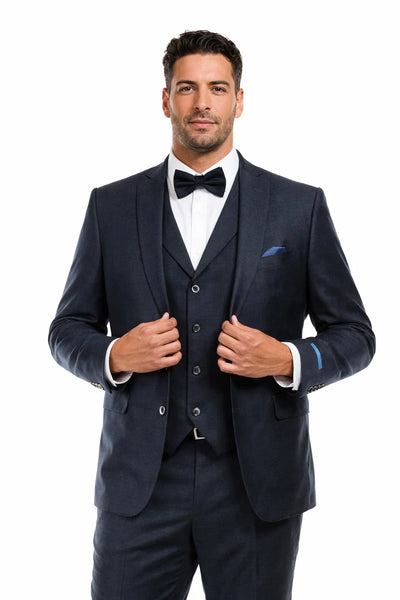 Mens Navy Blue Vintage Tweed Wedding Suit Two Button Jacket with Matching Vest