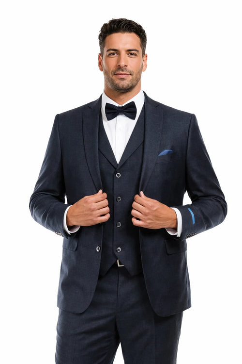 Mens Navy Blue Vintage Tweed Wedding Suit Two Button Jacket with Matching Vest