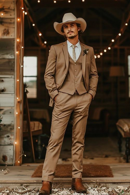 Modern Cowboy Style Suit for Men – Rustic Brown Western Elegance - 34 Short or Extra Small