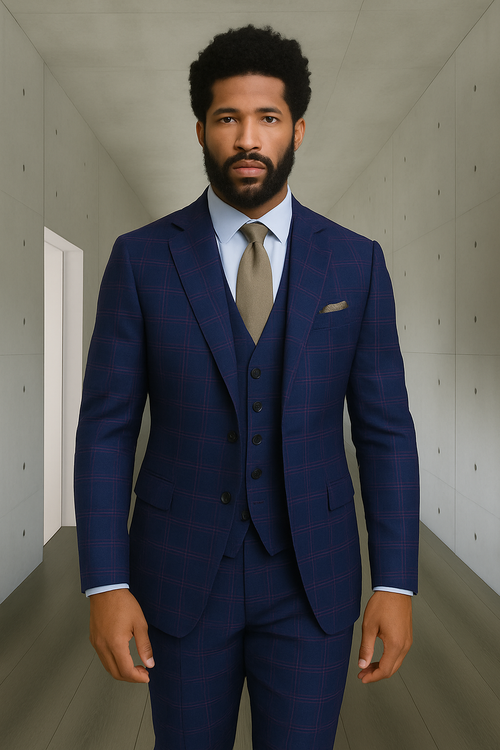 Modern Fit - Wool Suit - Italian Made Business Suit by Windowpane Texture Business Pattern Modern Fit Side Vented Men's 3 Piece 100% Wool Modern Fit Suit - Sharp Plaid Pattern