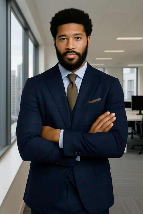 Modern Fit - Wool Suit - Italian Made Business Suit by Windowpane Texture Business Pattern Modern Fit Side Vented Men's 3 Piece 100% Wool Modern Fit Suit - Sharp Plaid Pattern