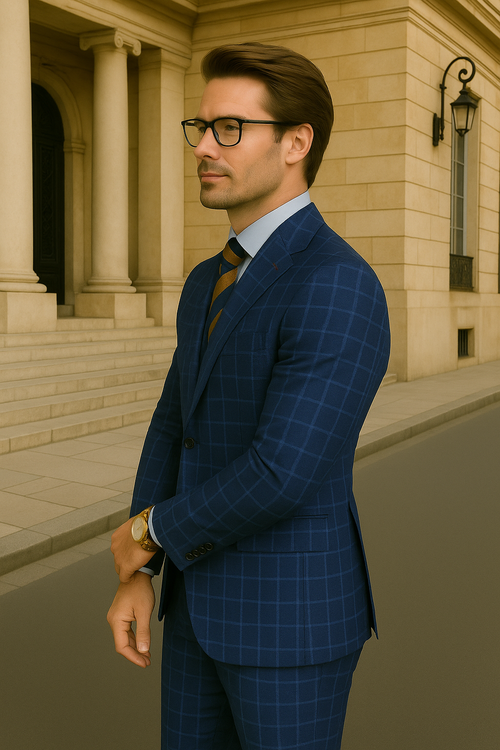 Modern Fit - Wool Suit - Italian Made Business Suit by Windowpane Texture Business Pattern Modern Fit Side Vented Men's 3 Piece 100% Wool Modern Fit Suit - Classic Plaid Pattern