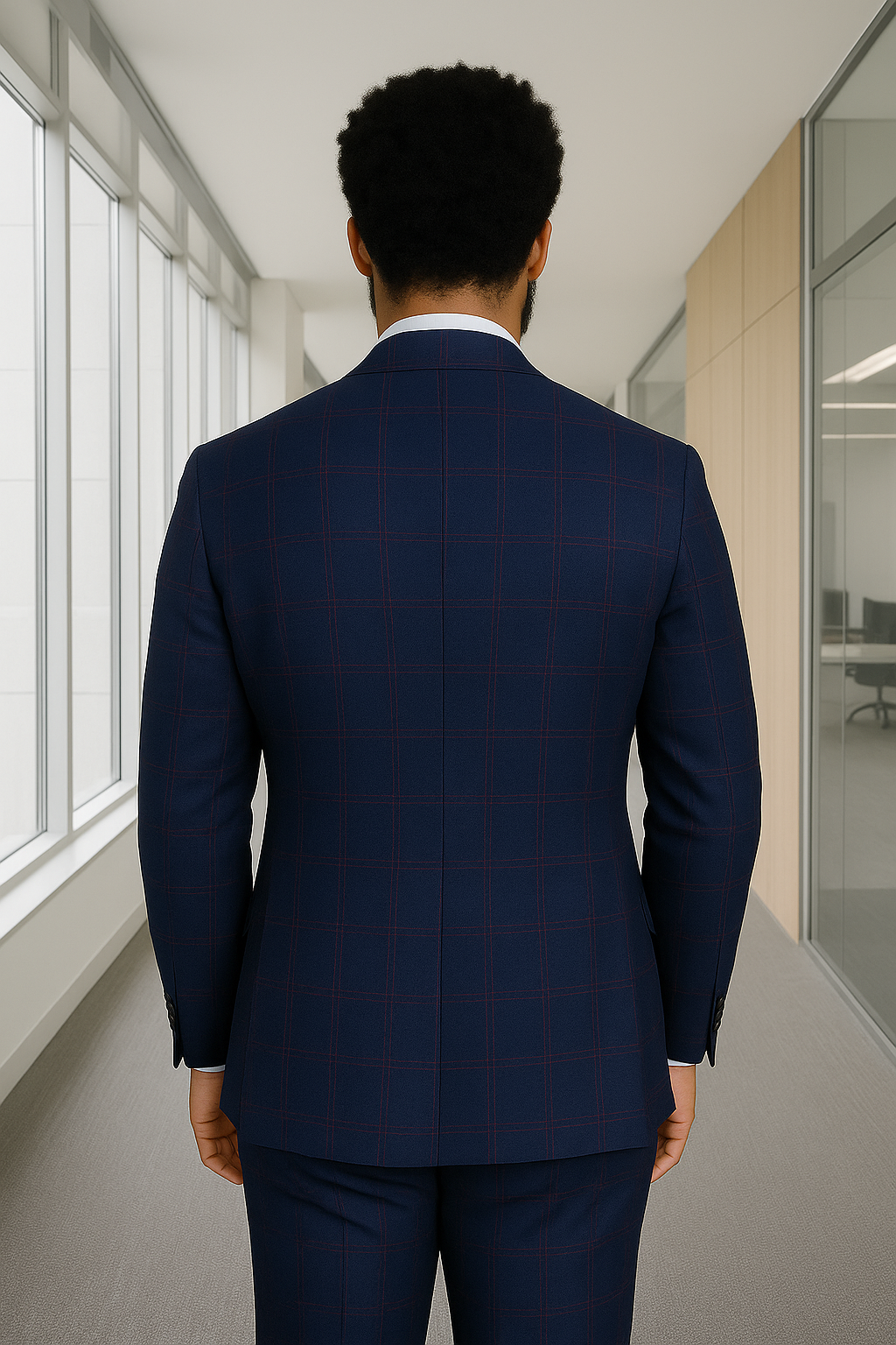 Wool Suit - Italian Made Business Suit by Windowpane Texture Business Pattern Modern Fit Side Vented Men's 3 Piece 100% Wool Modern Fit Suit - Sharp Plaid Pattern - 38R