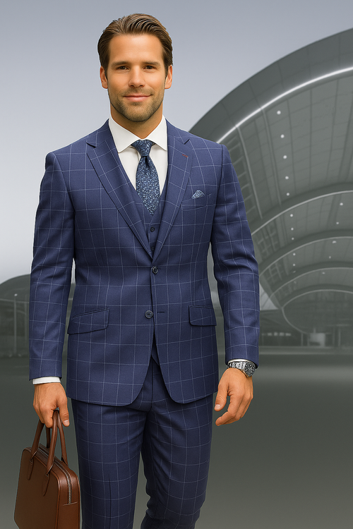 Modern Fit - Wool Suit - Italian Made Business Suit by Statement Men's 3 Piece 100% Wool Modern Fit Suit - Fashion Pattern