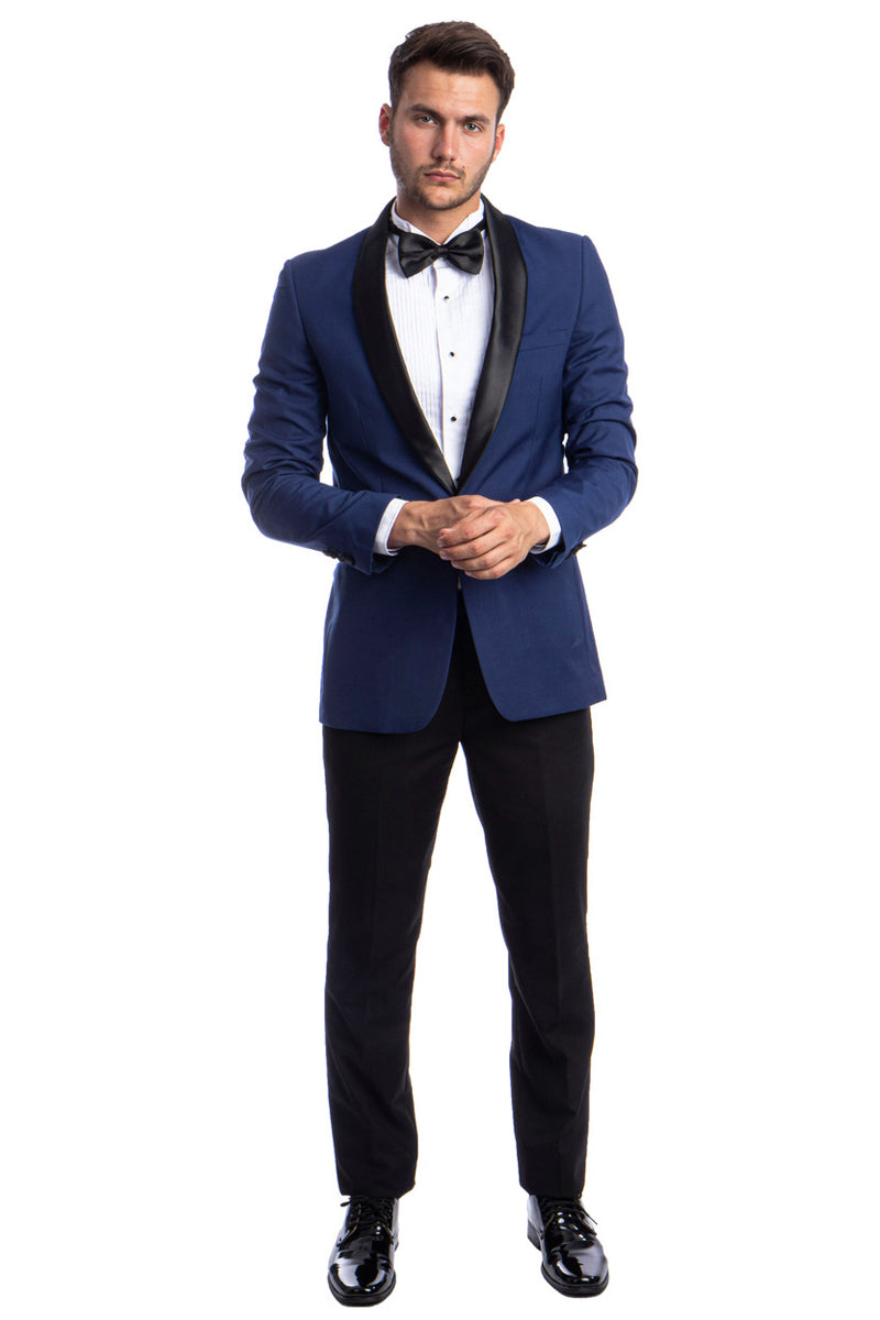 "Blue Men's Skinny Fit Shawl Tuxedo - One Button Prom 2025 Suit" - 34 Short
