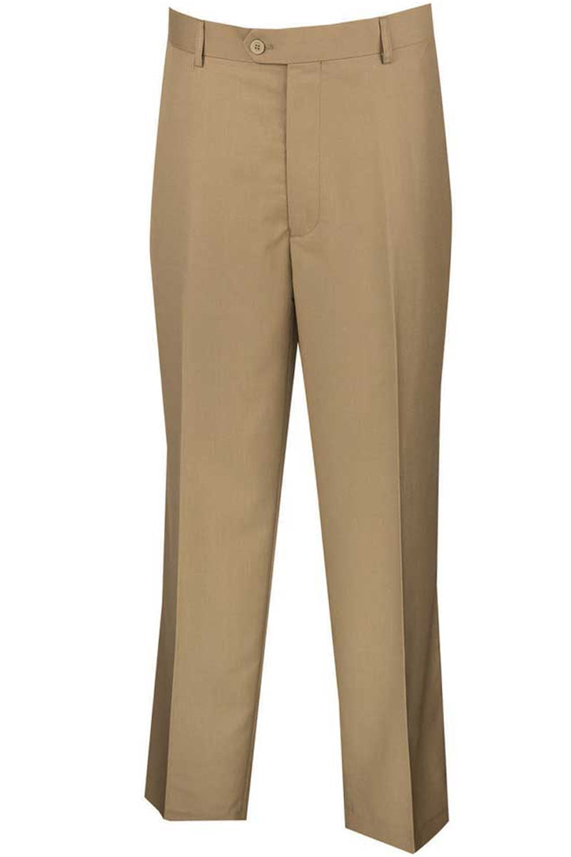 "Men's Wool Feel Regular Fit Dress Pants - Khaki Flat Front Style"