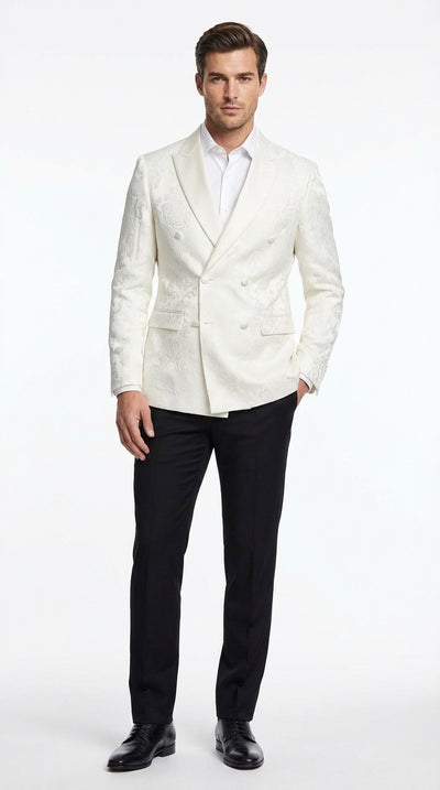 Mens Ivory Dinner Jacket Floral Jacquard Blazer Double Breasted Satin Lapel Formal Tuxedo Jacket for Wedding Cream Off White color