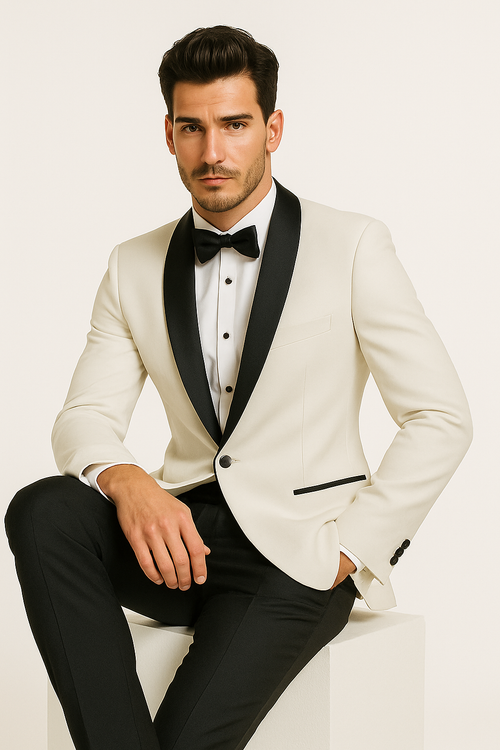 "Mens Designer Traditional Shawl Dinner Suit Jacket in Ivory"
