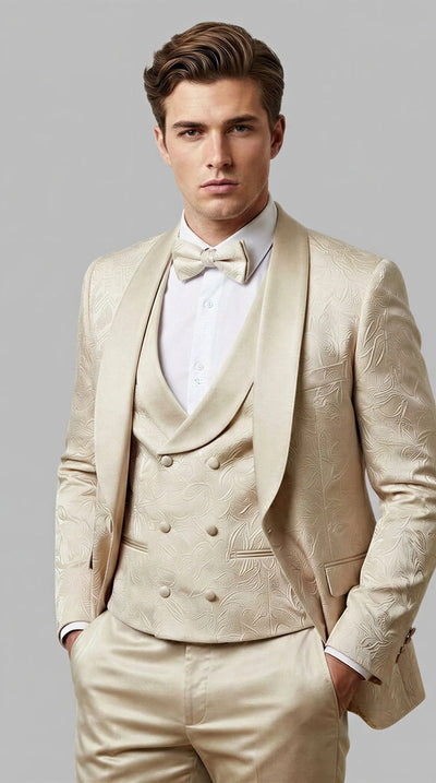 Men's Tan Floral Shawl Lapel Tuxedo Set for Wedding & Prom