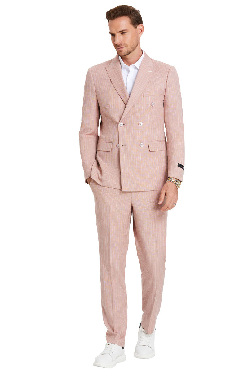 "Men's Slim Fit Double Breasted Pastel Suit - Rose Pink Pinstripe Summer Style" - 34 Short