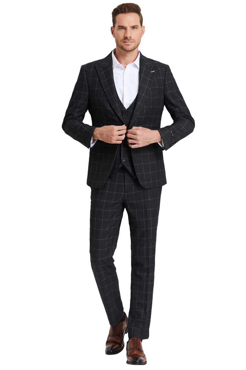 "Black Men's Plaid Suit - One Button Peak Lapel Vested Bold Chalk Windowpane"