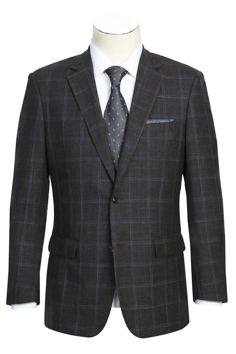 "Brown Windowpane Plaid Wool & Linen Sport Coat Blazer - Men's Classic Fit"