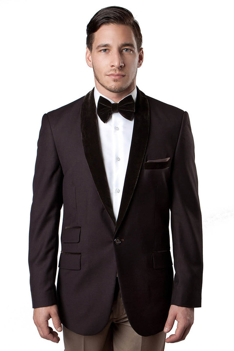 Brown Velvet Shawl Collar Tuxedo Jacket for Men - One Button Style