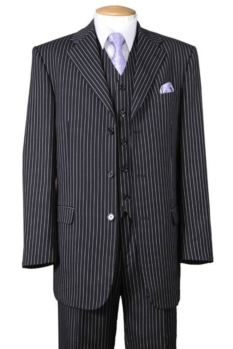 "1920's Gangster Pinstripe Vested Suit - Men's 3 Button Bold in Black" - 54 Regular