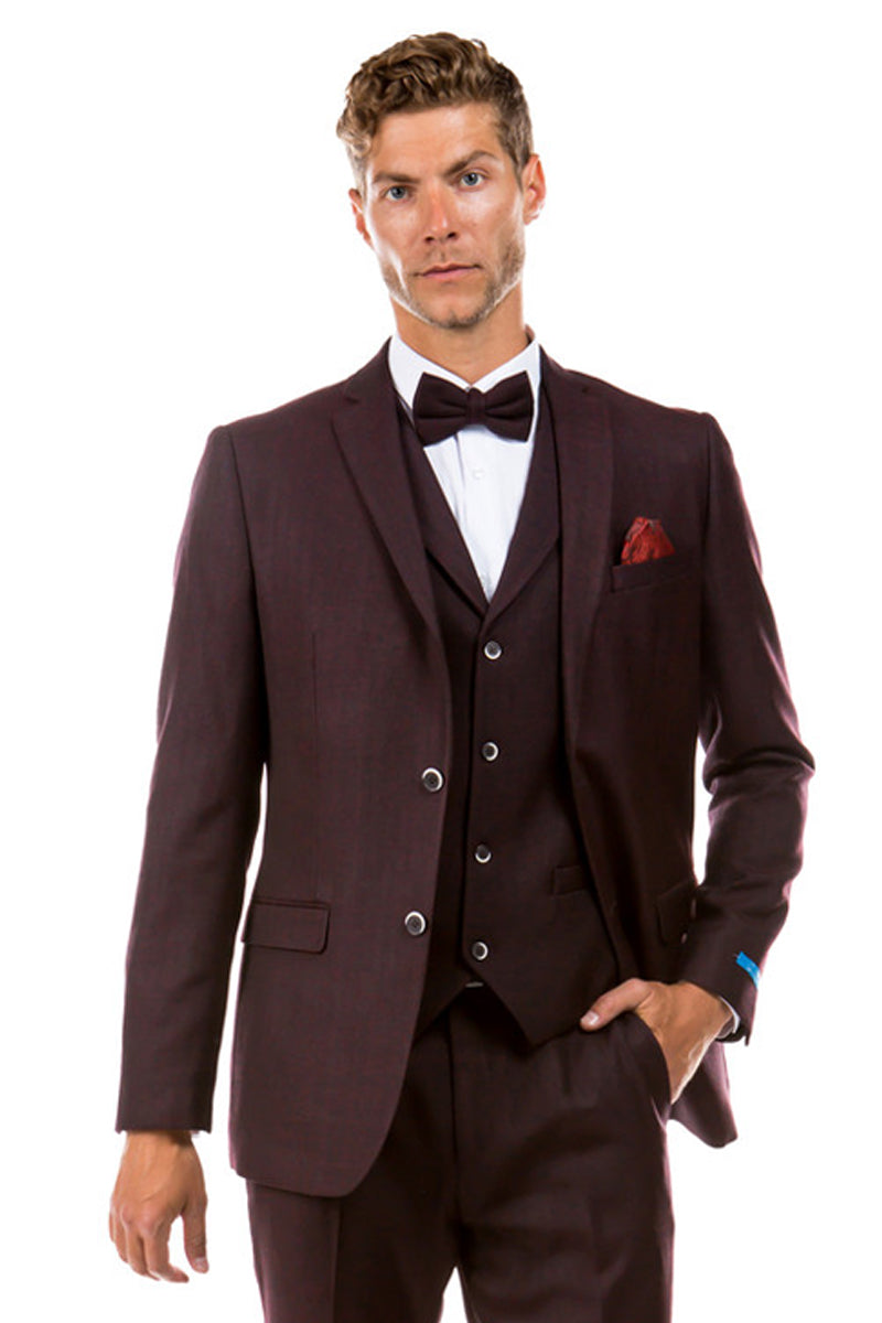 Mens 2 Button Modern Fit Vested Wool Suit in Burgundy main image 1