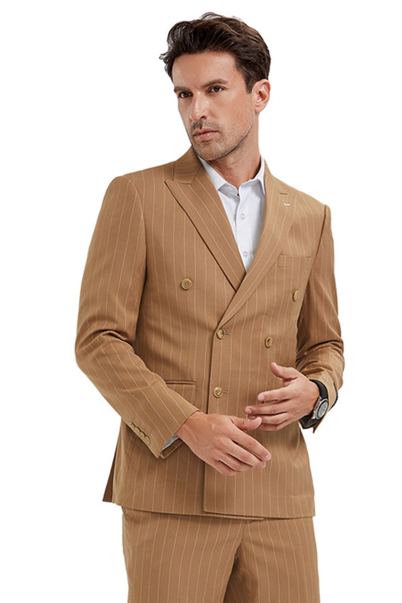 "Men's Slim Fit Pinstripe Suit - Double Breasted Bold Gangster, Camel"