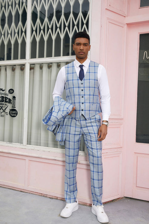 "Mens Stacy Adams Suit - Stacy Adams Suit Men's Vested Peak Lapel Plaid Suit - Blue Windowpane"