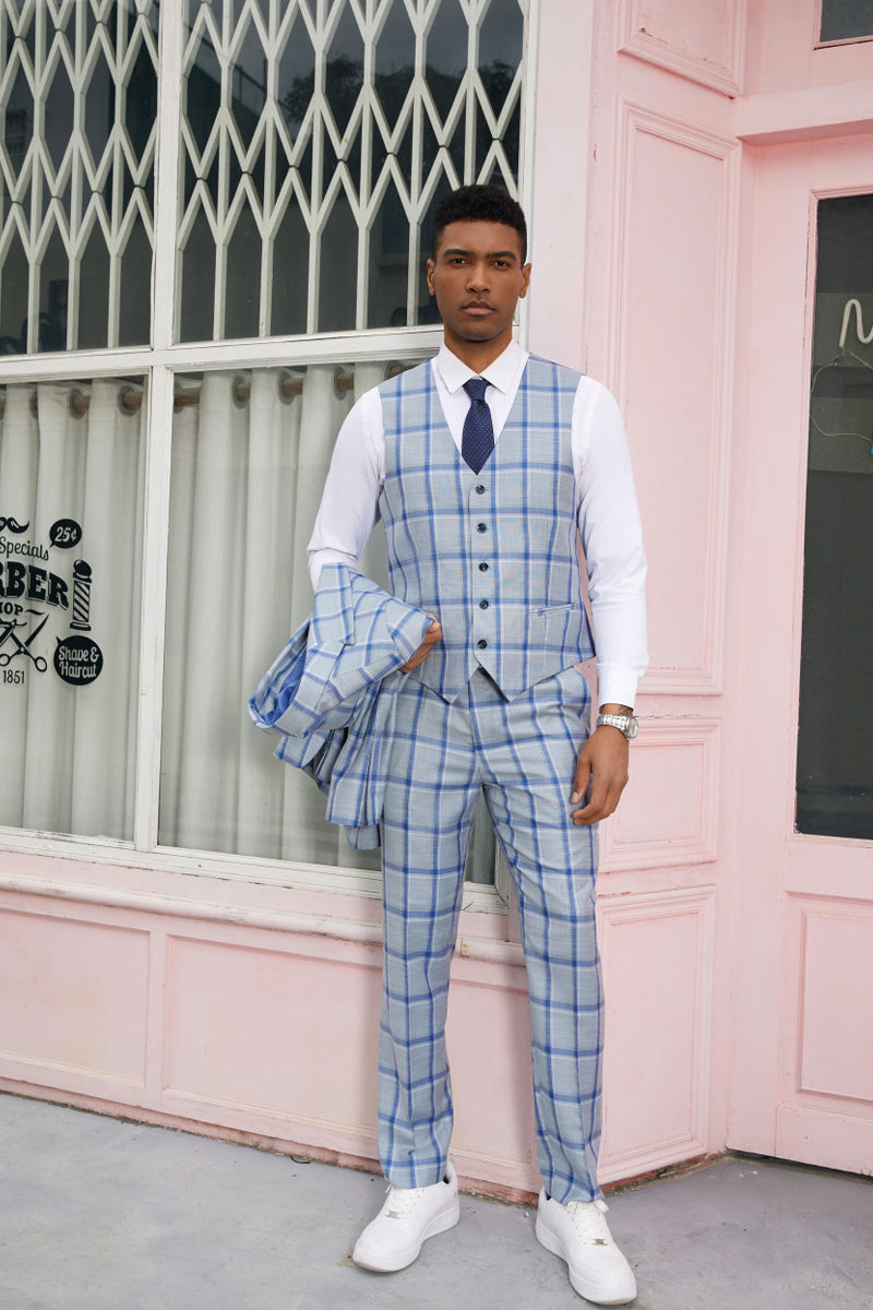 "Mens Stacy Adams Suit - Stacy Adams Suit Men's Vested Peak Lapel Plaid Suit - Blue Windowpane" - 34 Short