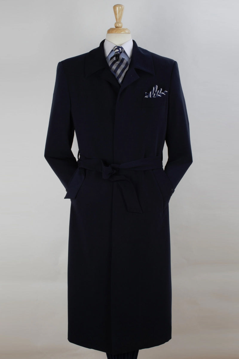 "Navy Men's Belted Wool Overcoat - Full Length Luxury Outerwear"