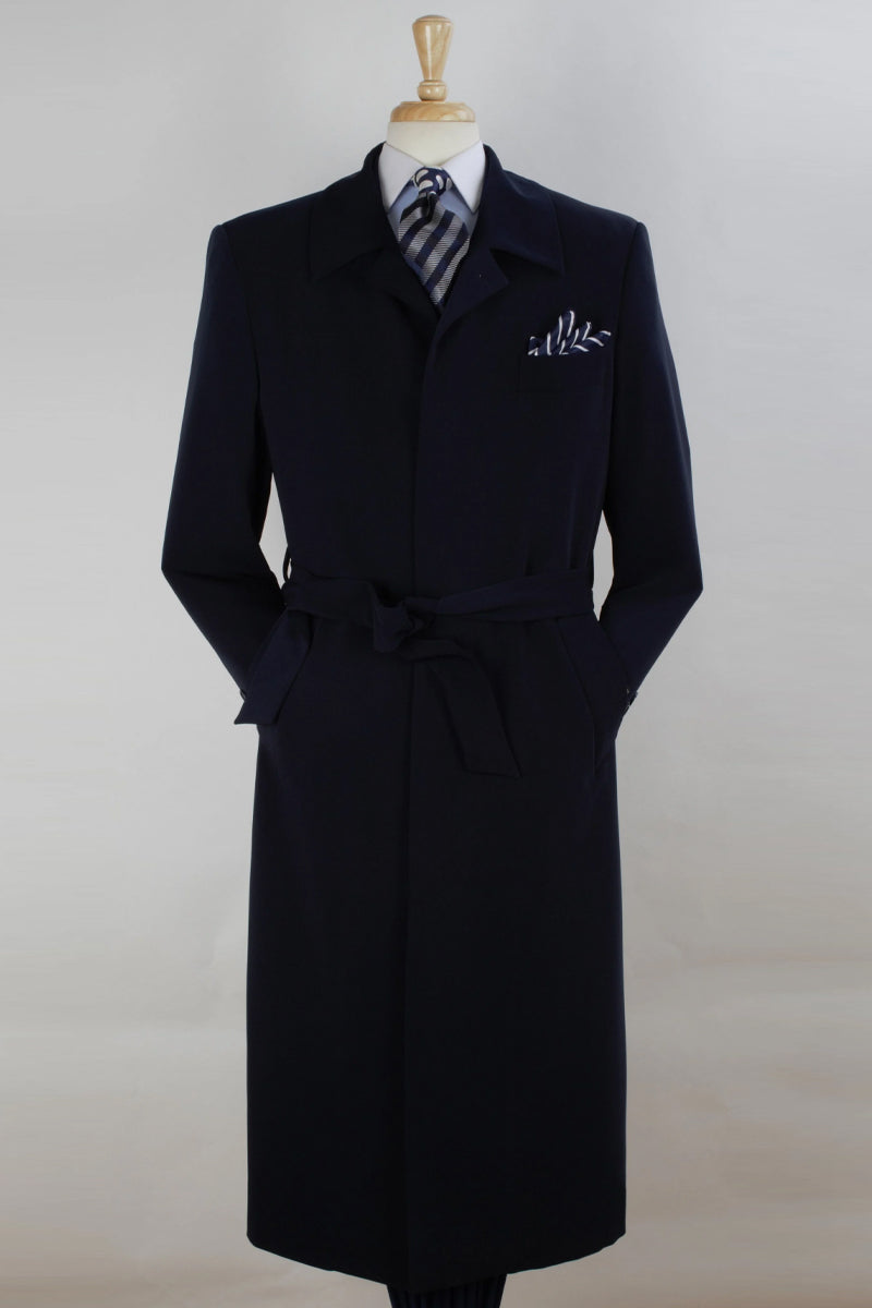 "Navy Men's Belted Wool Overcoat - Full Length Luxury Outerwear" - Small