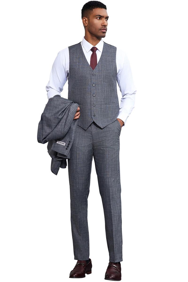 Men's Stacy Adams Vested Sharkskin Weave Pattern Suit in Grey - 38 Regular