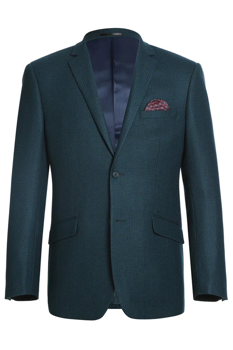 "Teal Blue Green Birdseye Wool Blazer - Men's Slim Fit Two-Button Sport Coat"