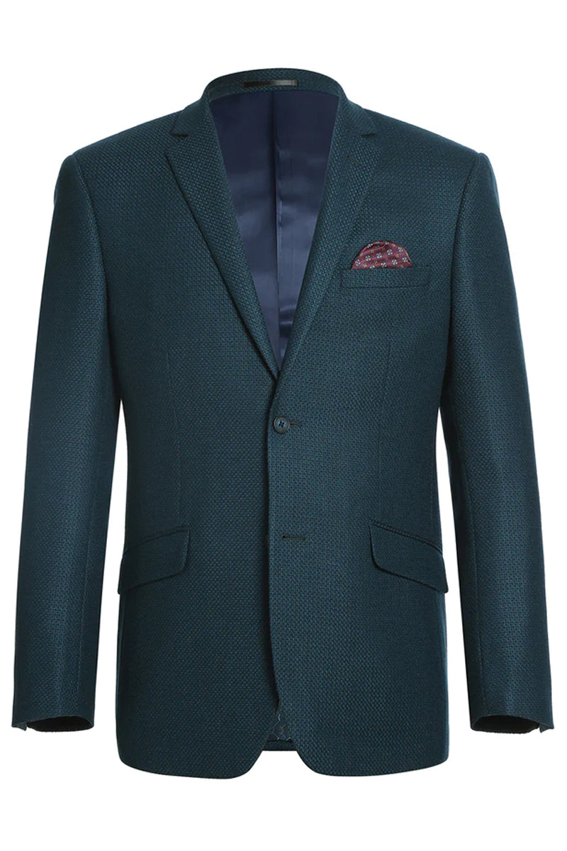 "Teal Blue Green Birdseye Wool Blazer - Men's Slim Fit Two-Button Sport Coat" - 34 Short