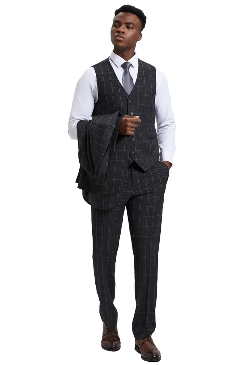 Men's Stacy Adams Vest Classic Bold Windowpane Suit in Dark Charcoal Grey - 38 Regular