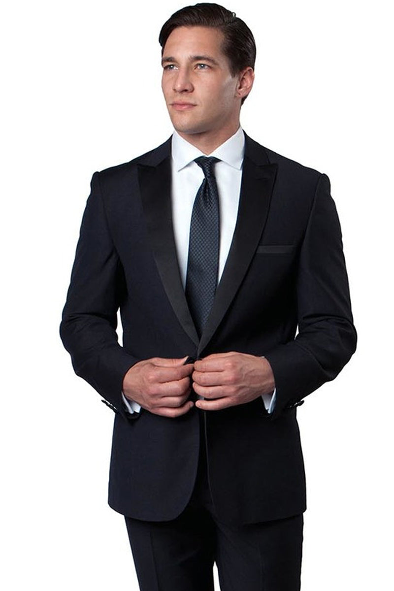 "Navy Blue Men's Slim Fit Wedding Tuxedo with One Button Peak Lapel" - 34 Short