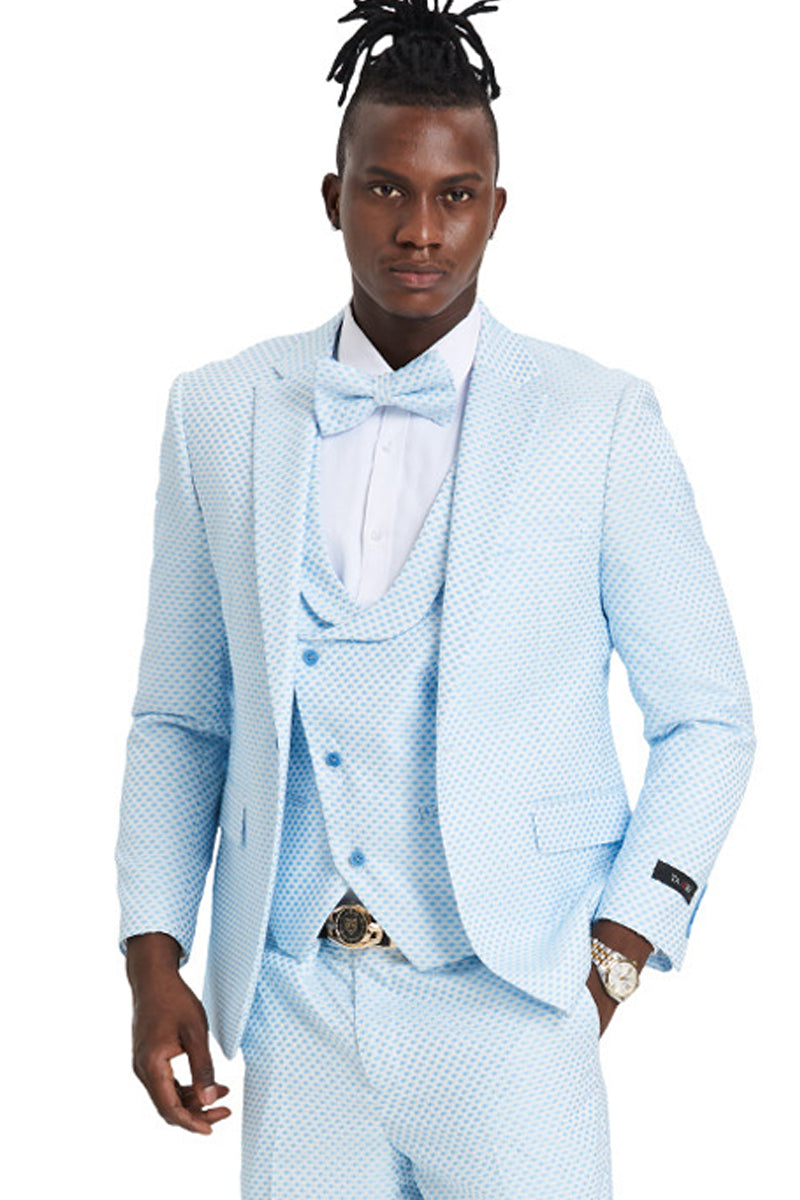 "Men's Sky Blue Polka Dot Prom 2025 & Wedding Suit - One Button Double Breasted Vest" - 34 Short