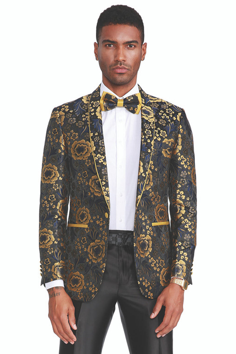 "Black & Gold Floral Paisley Men's Slim Fit Prom Dinner Jacket"
