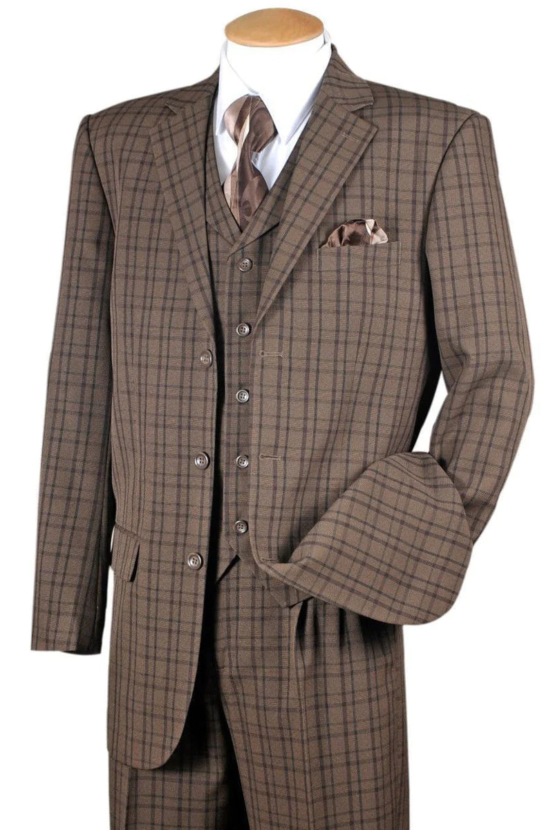 "Brown Windowpane Plaid Fashion Suit - Men's 3 Button Vested" - 38 Long