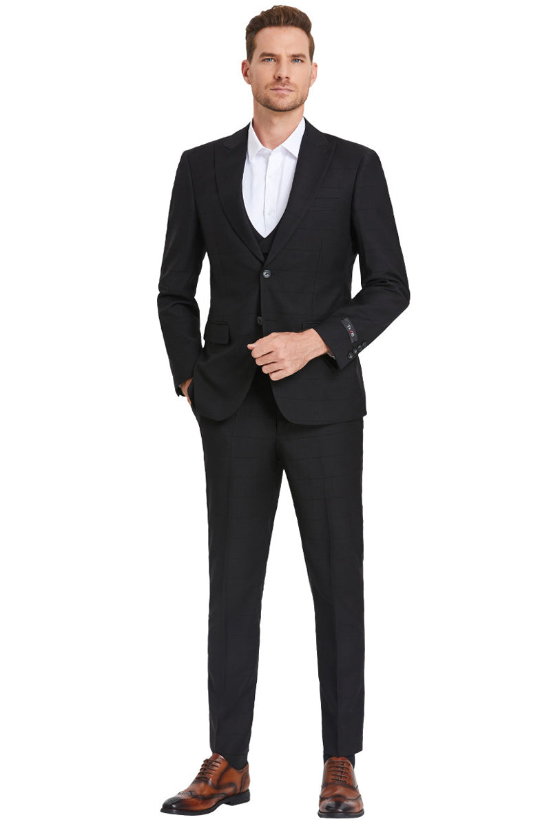 "Sharkskin Suit Men's Black Windowpane Plaid - Two Button Vested Peak Lapel" - 34 Short