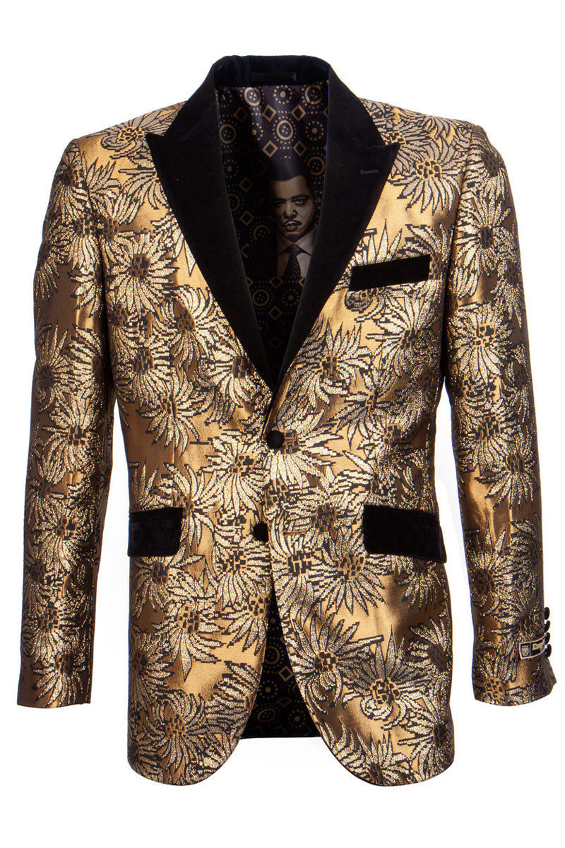 "Sunflower Print Men's Foil Satin Tuxedo Jacket - Yellow Gold" - X-Small