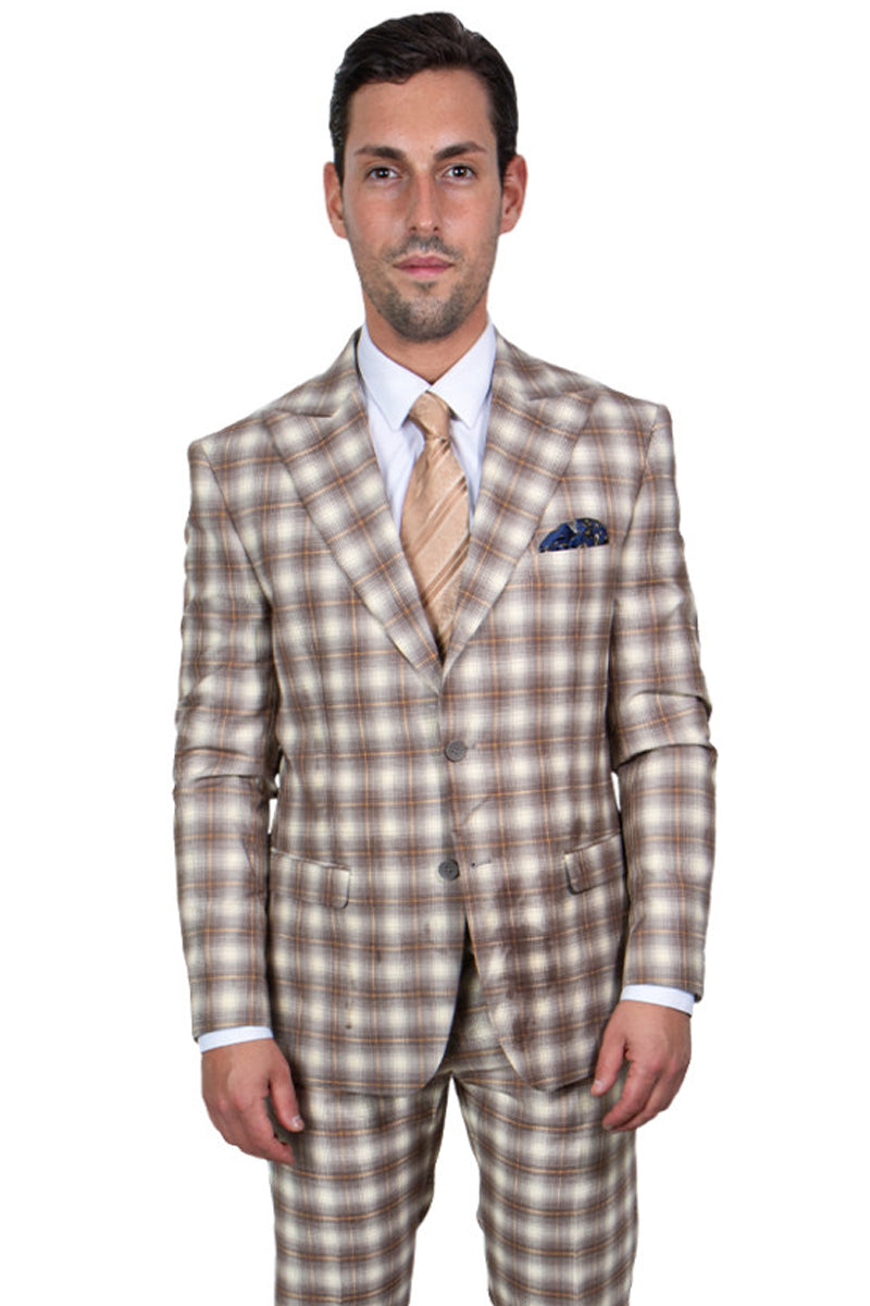 "Mens Stacy Adams Suit - Stacy Adams Suit Men's Bold Windowpane Plaid Vested Suit - Brown & Tan" - 34 Regular