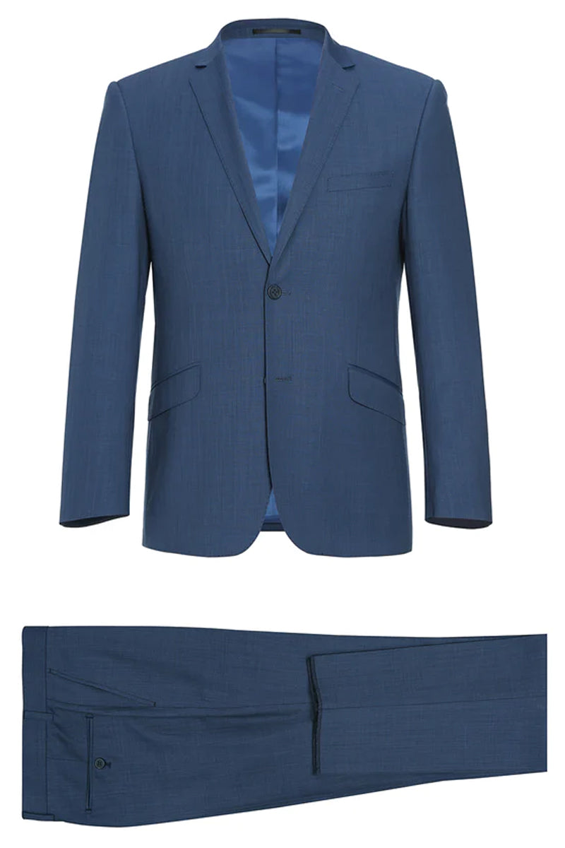 "Steel Blue Slim Fit Wool Suit - Men's Basic Two Button" - 34 Short