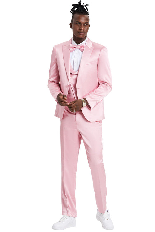 "Dusty Rose Men's Sharkskin Prom 2026 & Wedding Suit - One Button Vested Satin" pink