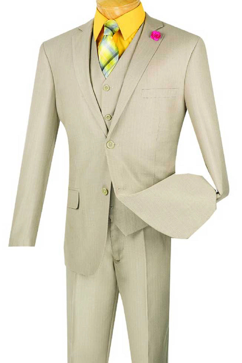 Mens Vested Slim Fit Shiny Sharkskin Suit in Beige - 36 Short