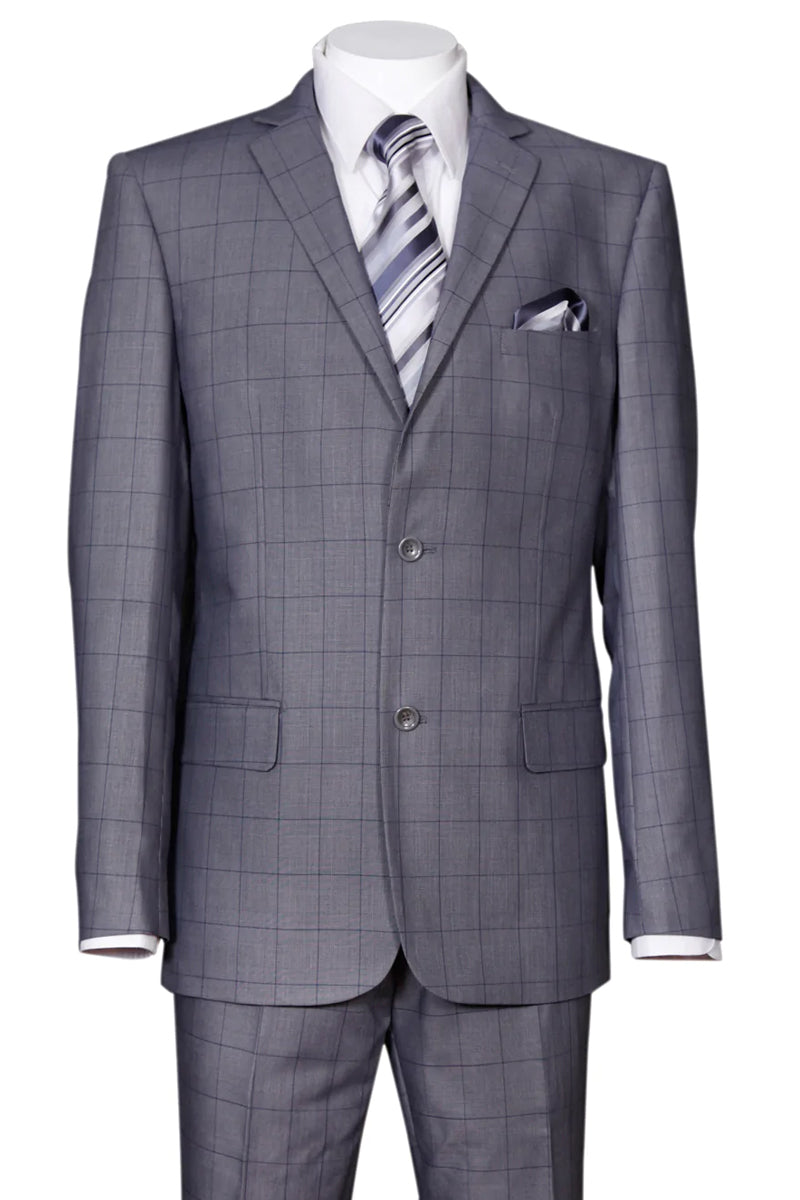 "Grey Windowpane Plaid Suit - Mens Modern Fit 2 Button" - 38 Long