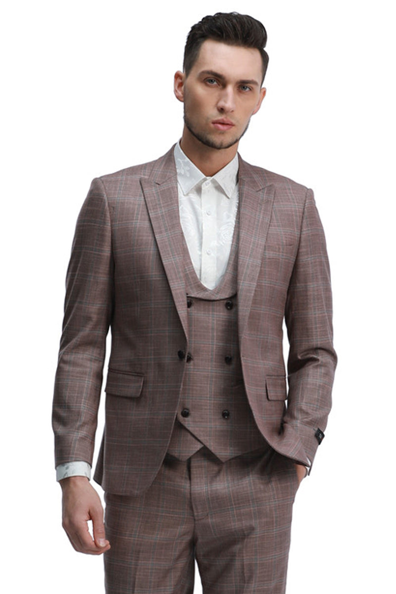 "Rose Pink Plaid Men's Slim Fit Double Breasted Vest Suit" - 34 Short