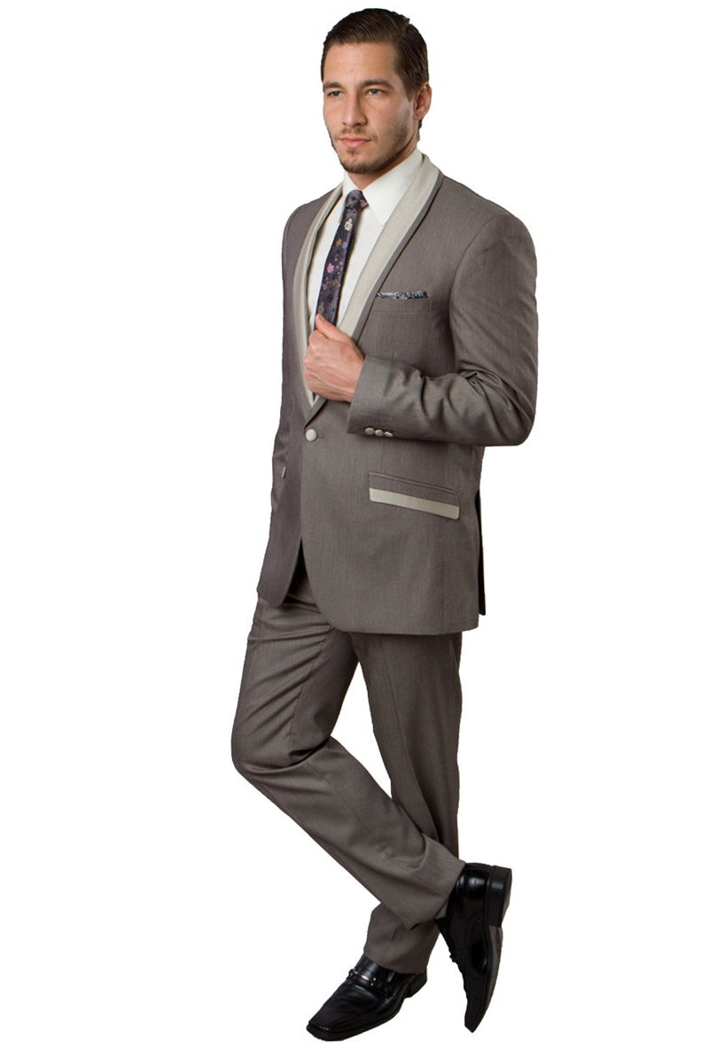 "Men's Slim Fit Shawl Lapel Tuxedo - One Button, Dark Tan Beige" - 34 Short
