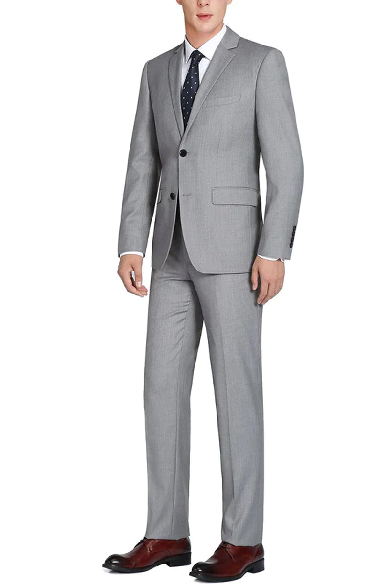 "Light Grey Slim Fit Wool Suit for Men - Basic Two Button with Optional Vest"