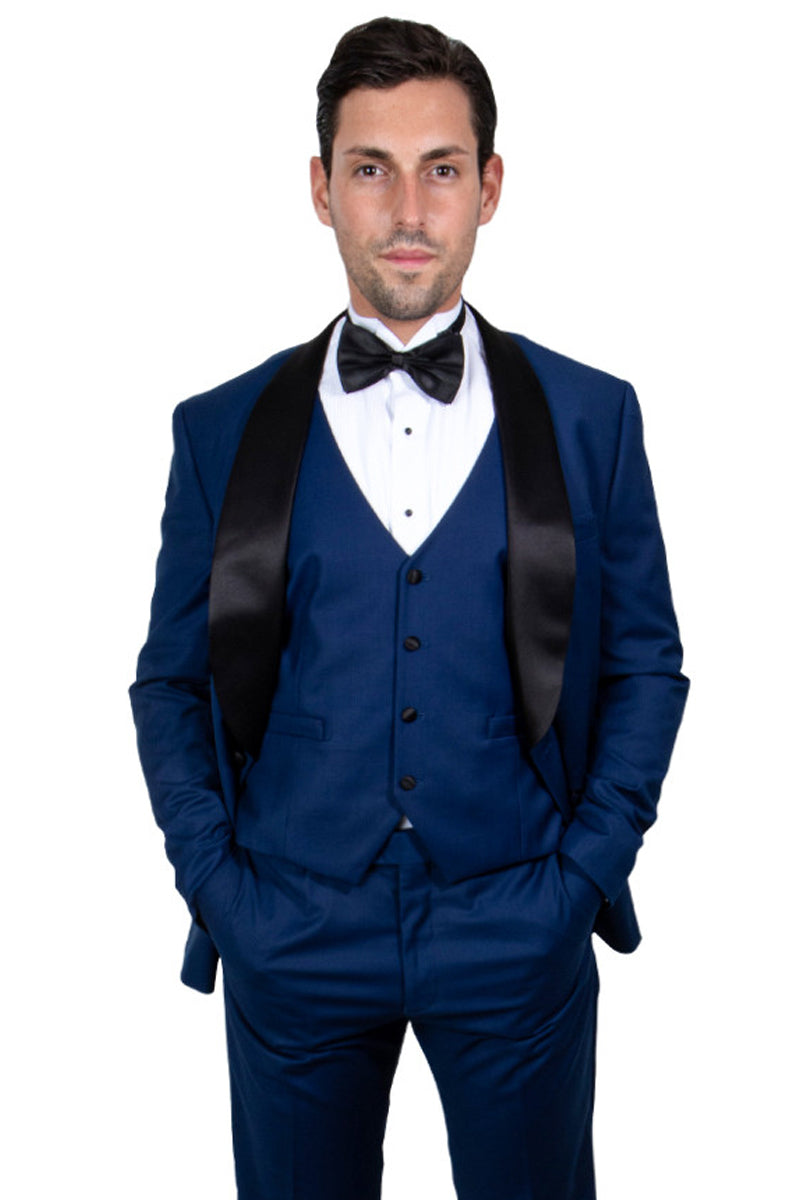 Men's Designer Stacy Adams Vested Suit in Indigo Blue Sharkskin Weave