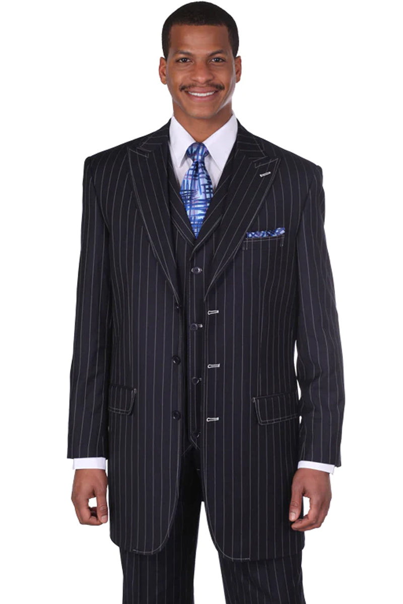 "Vintage Gangster Pinstripe Suit with Vest for Men in Navy Blue"