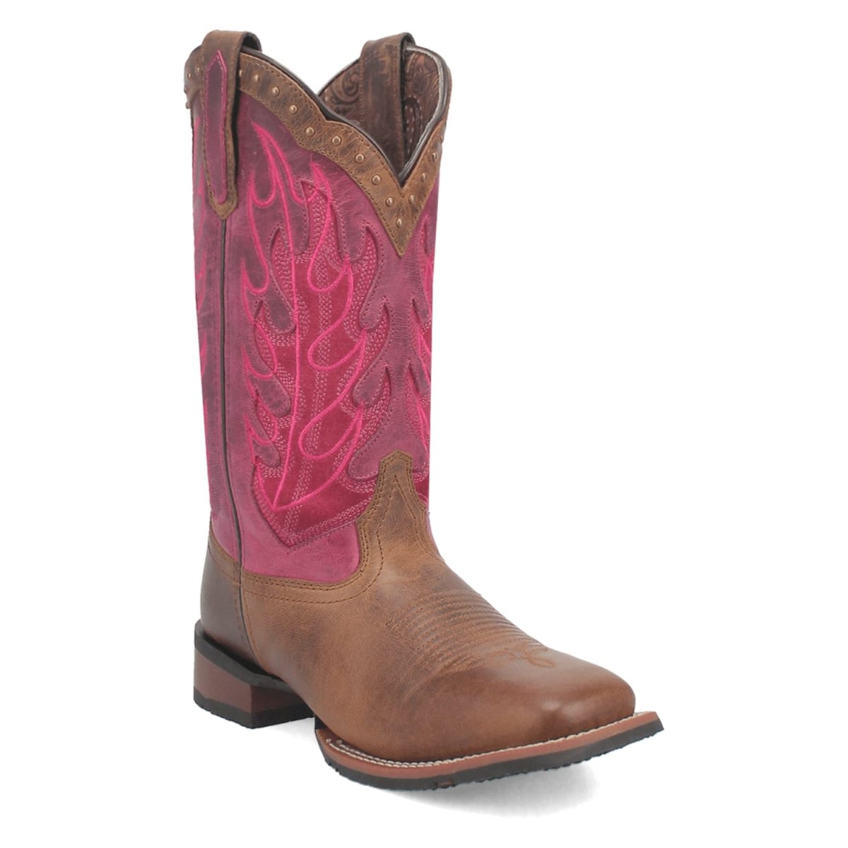 Laredo Women's Faye Broad Square Toe Leather Boots - Brown / Pink 3117 - 6M